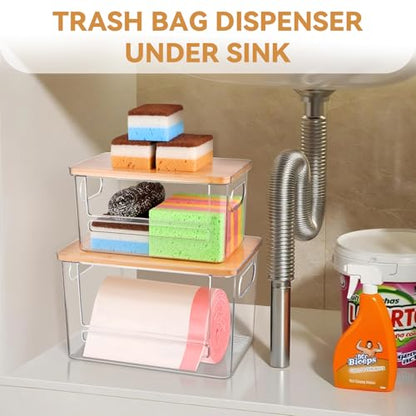 Trash Bag Holder Dispenser 2 Pack, Under Sink Organizer for Pantry, Kitchen | Acrylic Garbage Bag Dispenser, with Bamboo Top & Handles, Extra Large, Keep Onions and Potatoes Neat, Clear, Stackable, XL+S