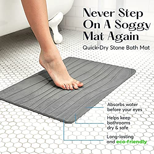 Stone Bath Mat for Bathroom, Diatomaceous Earth Non-Slip Quick Dry, Gray | Super absorbent, quick-drying & easy to clean. Natural material that lasts — restores with light sanding.