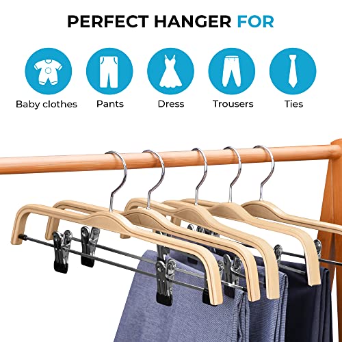 JS Hanger Wooden Pant Hangers, 5-Pack Light Weight Wood Skirt Hangers with Anti-Rust Hook and 2-Adjustable Clips