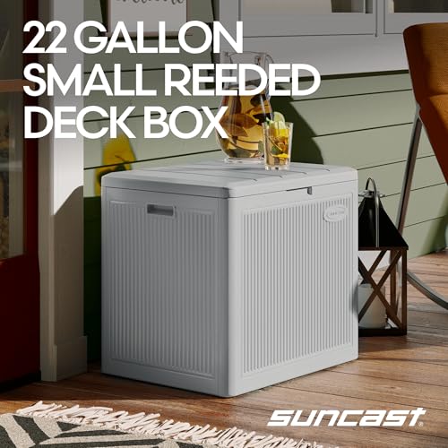 Suncast 22 Gal, Small Outdoor Storage Deck Box, Resin Reeded, French Gray