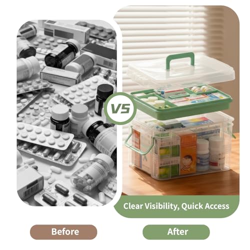 2-Pack Clear Medicine Storage Box Set with Pill Organizer | Portable Stackable with Built-in Handle, Clear View, Divided Tray, Plastic Medicine Cabinet Organizer for Home, Dorm, Travel
