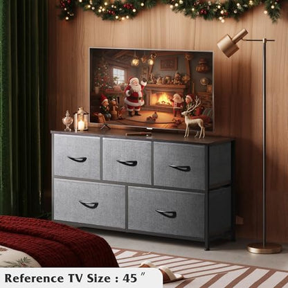WLIVE Wide Dresser for Bedroom, 5 Drawer Chest of Drawers, Dark Grey | 5 roomy fabric drawers, Wide storage design, Bedroom or closet use, Sturdy steel frame, Smooth wood tabletop