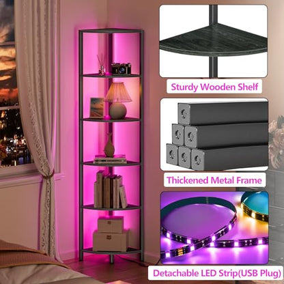 6 Tier Corner Shelf with LED Light, 67.5" Black Narrow Bookshelf | Tall Standing Shelf Organizer, Storage Rack for Wall Corner, Living Room, Bedroom, Metal Frame, Wood Display Shelf
