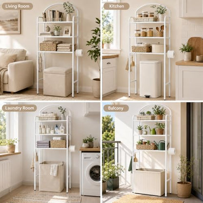 3 Tier Over The Toilet Storage Rack, Bathroom Organizer | Toilet Storage with 4 Hooks & Paper Holder, Space-Saving, Freestanding Bathroom Shelf, Metal, White
