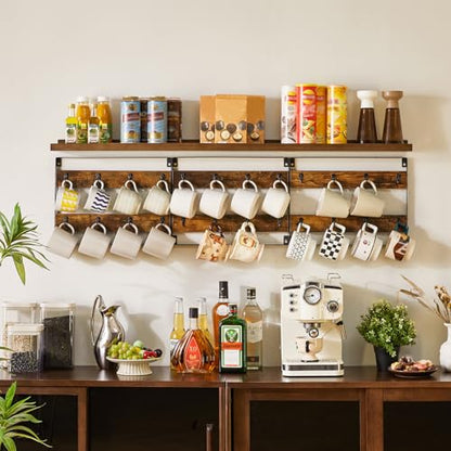 IBUYKE Coffee Mug Holder Wall Mounted,Set of 3,24 Hooks,Brown TBJ005H-3 | Mug Racks for Wall Rustic Wood Coffee Mug Rack Display Organizer for Kitchen Home Bar Coffee Station