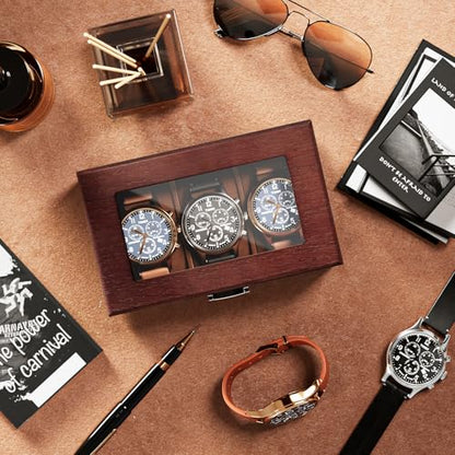 ProCase Wooden Watch Box, 3 Slot Mens Watch Display Case, Espresso | Wood Watches Holder Storage Organizer with Clear Lid, Anniversary Christmas Birthday Gift for Dad Friend Father Men Women