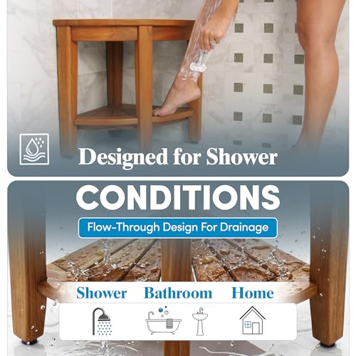 AquaTeak Kai Corner 15.5" Teak Shower Bench | Durable, Water-Resistant Teak, Shower Chair & Shaving Foot Rest, Indoor/Outdoor Use