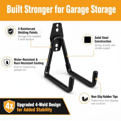 Garage Hooks, 4 Pack 7.7inch Large Square Wall Hooks for Hanging Heavy Duty Ladders, Bikes, Tools Ideal for Garage, Garden, Basement Utility Room Storage (Black)