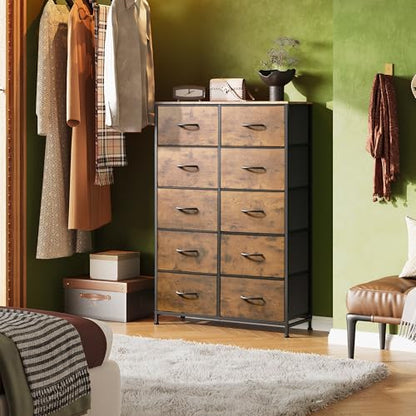 WLIVE Tall Dresser for Bedroom, Rustic Brown Wood Grain Print | 10 Drawers, Fabric Dresser for Closet, Storage Tower with Cabinet, Metal Frame