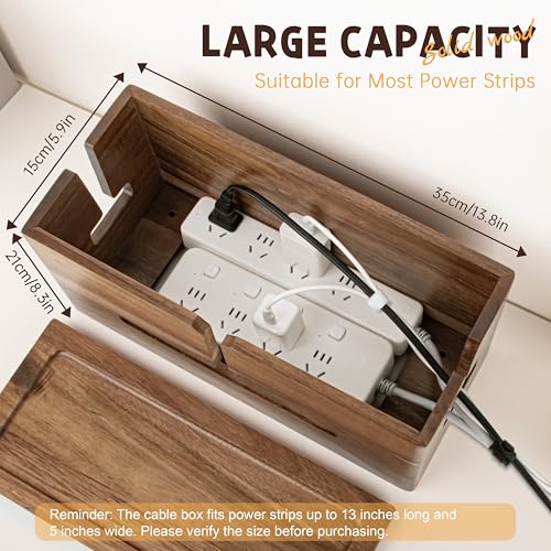 Brown Wood Large Cable Management Box for Power Strip and Cord Hideaway | Large solid wood cable box fits 13" power strips, detachable legs, air vents, child-safe lid, tool-free, hides 6-8 cords.