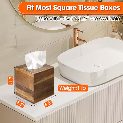 2 Pack Wooden Tissue Box Cover Square - Acacia Wood Tissue Box Holder for Tabletop Stands Bathroom Office- Decorative Facial Wood Tissue Box Cover for Modern Farmhouse Decor-Standard Walnut Color