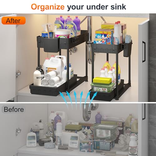 4-Pack 2-Tier Under Sink Organizer with Pull Out Drawers | Multi-use kitchen & bathroom storage. Includes hanging hooks and cups. Black, space-saving cabinet design.