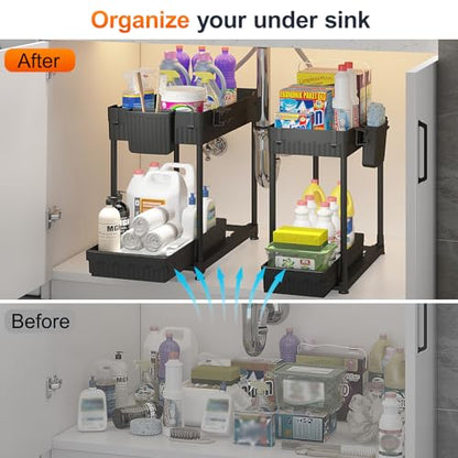 4-Pack 2-Tier Under Sink Organizer with Pull Out Drawers | Multi-use kitchen & bathroom storage. Includes hanging hooks and cups. Black, space-saving cabinet design.