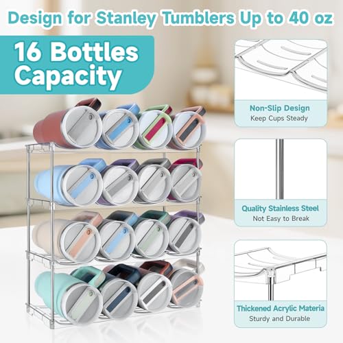 Stackable Water Bottle Organizer Large Compartment Water Bottle Holder | Tumbler Organizer for Stanley 40 oz Cup, Kitchen Cabinet Storage Organizer for Stanley Cup Accessories, 4 Tier Hold 16 Bottle