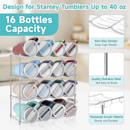 Stackable Water Bottle Organizer Large Compartment Water Bottle Holder | Tumbler Organizer for Stanley 40 oz Cup, Kitchen Cabinet Storage Organizer for Stanley Cup Accessories, 4 Tier Hold 16 Bottle