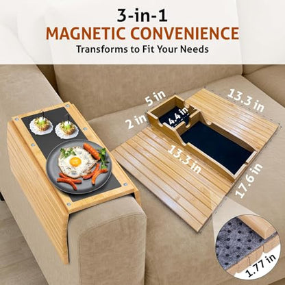 Magnetic Bamboo Couch arm tray - 3 in 1 Detachable Bamboo Sofa Arm Tray Table with Cup Holder - Foldable Non Slip Couch Armrest Table For Remote, Cell-Phone & Drinks, Snacks – Space-Saving,17.6"x13.3"
