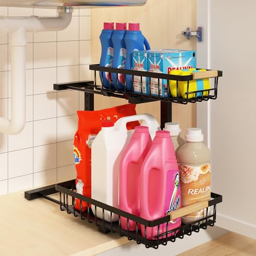 Under Sink Organizer, Adjustable 2 Tier Pull Out K... (Black | Alloy Steel)
