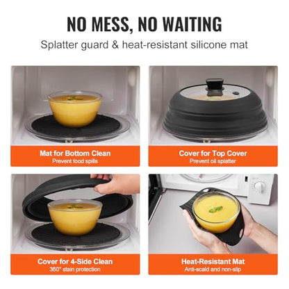 VEVOR Microwave Splatter Cover & Mat, 10.8" Collapsible Microwave Lid for Food, 500°F Heat-Resistant Silicone & Tempered Glass Splatter Guard for Plate Dish, Multi-Purpose Kitchen Gadget with Handle