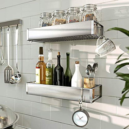 Bathroom Adhesive Shower Caddy Basket Shelf with Hooks, No Drilling Removable Bathroom Shelf Organizer,Stainless Steel Rustproof Shower Rack for Shampoo Storage, Sponge Holder-Silver