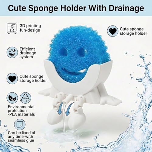 Creative Drainage Sponge Holder: Traceless Glue, 3D Printed Funny Kitchen Sink Holder, Keeps Sponge Dry – for Scrub Daddy (1, White)