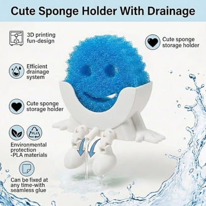 Creative Drainage Sponge Holder: Traceless Glue, 3D Printed Funny Kitchen Sink Holder, Keeps Sponge Dry – for Scrub Daddy (1, White)