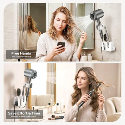 MoKo Hair Dryer Holder Wall Mount, Anti-Sag Adjustable Blow Dryer Stand | Anti-sag knob lock, 360° rotation, Height adjustable, Storage slot and cable management, No drill installation needed.