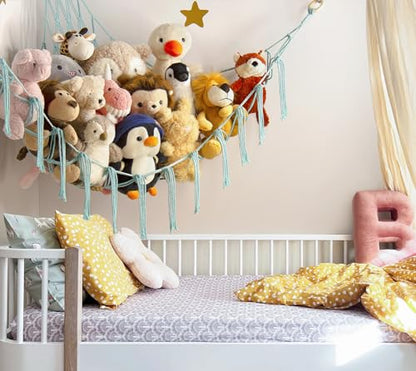 Stuffed Animal Hammock-Large Stuffed Animal Net For Toys Corner-Hanging Stuff Animal Toy Storage Organizer For Plush Plushie Display Light Blue Girl Room Bedroom Boho Nursery Decor Toy Storage
