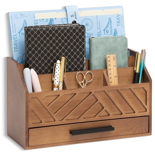 Brown Wood Desk Organizer and Accessories with Dra...