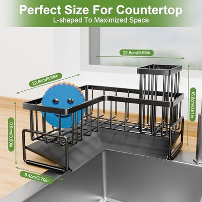 Large Sponge Holder for Kitchen Sink, 90-Degree Sink Caddy Storage | Self Draining Sponge Rack for Countertop, Metal L-Shaped Dish Soap Organizer with Brush Holder, Corner Sink Storage Ideas