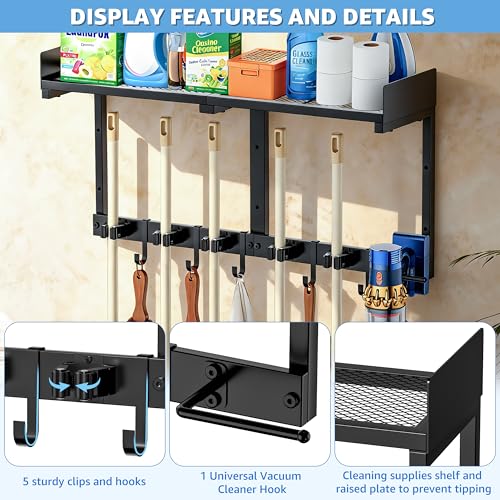 27" Mop and Broom Holder Wall Mount with Top Storage Shelf & Hooks,Black | Mop Hanger Wall Mount, 5 Grippers, 5 Hooks, Wall Organizer For Laundry Room, Garage And Kitchen