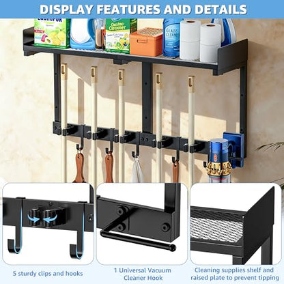 27" Mop and Broom Holder Wall Mount with Top Storage Shelf & Hooks,Black | Mop Hanger Wall Mount, 5 Grippers, 5 Hooks, Wall Organizer For Laundry Room, Garage And Kitchen