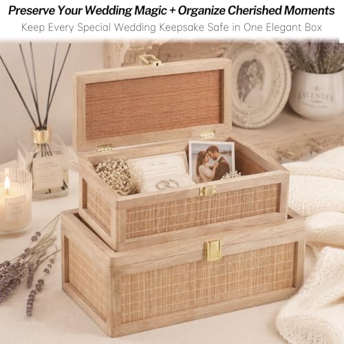 Natural Bamboo Decorative Box with Lids, Unique Decorative Boxes Set of 2, Boho Wedding Keepsake Box, Memory Box with Lid for Crafts, trinkets and Photo Storage