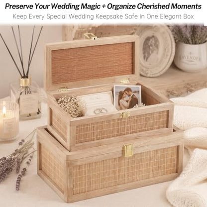 Natural Bamboo Decorative Box with Lids, Unique Decorative Boxes Set of 2, Boho Wedding Keepsake Box, Memory Box with Lid for Crafts, trinkets and Photo Storage