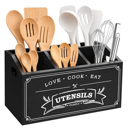 Black Kitchen Utensil Holder With 5 Compartments F... (Black | Pine Wood)