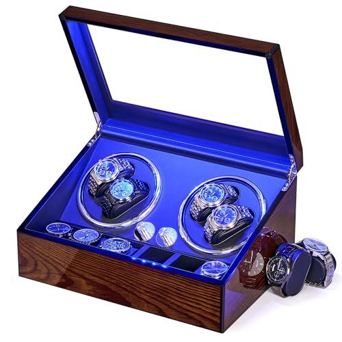 BEWISHOME Watch Winders for Automatic Watches, Automatic Watch Winder Box | Watch Spinner with LED Light,4 Watch Winder with Quiet Running Motor and 6 Storage Case for Man/Woman's Watches, Brown SYQ01Y