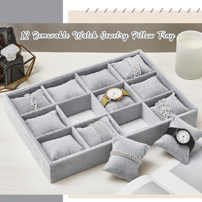 2 Pieces 12 Grid Velvet Watch Tray Jewelry Organizer Stackable Watch Bracelet Bangle Display Holder Adjustable Pillow (Gray)