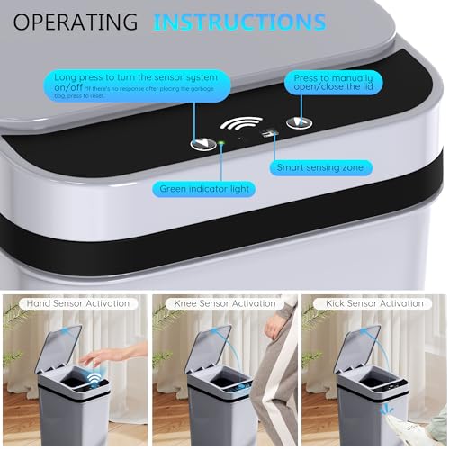 Bathroom Small Trash Can with Lid, Automatic Garbage Can, 2.6 Gallon | 3 Pack Touchless Slim Waterproof Motion Sensor Smart Trash Bin for Bedroom, Office, Living Room-White/Black/Grey