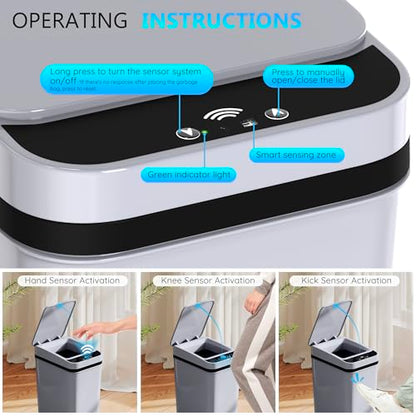 Bathroom Small Trash Can with Lid, Automatic Garbage Can, 2.6 Gallon | 3 Pack Touchless Slim Waterproof Motion Sensor Smart Trash Bin for Bedroom, Office, Living Room-White/Black/Grey