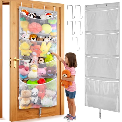 Over Door Stuffed Animal Storage, Hanging Plush Toy Organizer Holder | Behind Door Organizer with 4 Large Pockets, Mesh Hammock Bag for Doll & Bear Stuffies, Idea for Girl Boy Kid Nursery Closet