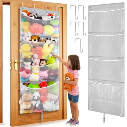 Over Door Stuffed Animal Storage, Hanging Plush Toy Organizer Holder | Behind Door Organizer with 4 Large Pockets, Mesh Hammock Bag for Doll & Bear Stuffies, Idea for Girl Boy Kid Nursery Closet