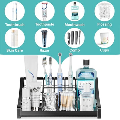 Toothbrush Holder for Bathroom Countertop - 7 Slots 1 Min Drying Organizer | Fit Electric & Manual Toothbrushes Large Capacity Rustproof Toothpaste Storage Non-Slip Bathroom Counter Accessories Black