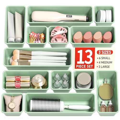 13 Pack Plastic Drawer Organizers Set, 3 Sizes Des... (13 Count | Green | Plastic)