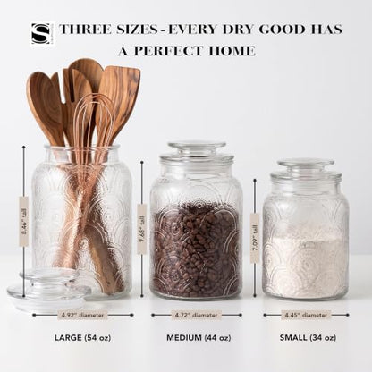 Style Setter Canister Set 3-Piece Glass Jars in 34oz, 44oz & 54oz Retro Design Lids for Cookies, Candy, Coffee, Flour, Sugar, Rice, Pasta, Cereal & More