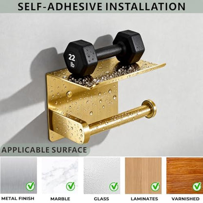 Toilet Paper Holder with Shelf, Heavy-Duty Stainless Steel Bathroom Hardware, Self-Adhesive No-Drill/Drill-Mount Wall-Mounted Roll Holder, Rust-Proof Bathroom Tissue Rack (Gold)