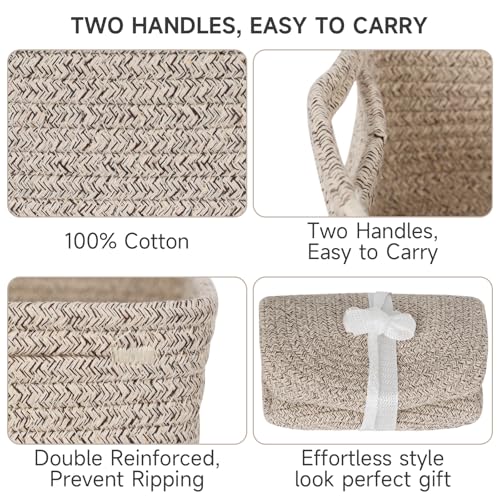 3 Pack Small Storage Baskets for Organizing, 11.8×7.8×5.1", Mixed Brown | Woven Baskets for shelves, Cotton Rope Basket for Gifts Empty, Closet Organizer Bins with Handles, Cube Decorative Box