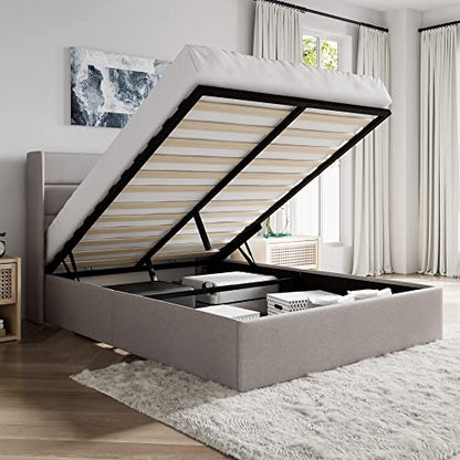 SHA CERLIN Queen Size Lift Up Hydraulic Storage Bed Frame Light Beige | Modern Wingback Headboard, Upholstered Platform Bed Frame, Hydraulic Underneath Storage, No Box Spring Needed