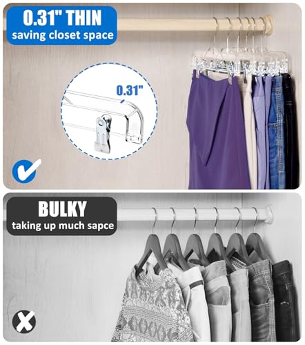 Amber Home 24 Pack Clear Plastic Pants Hangers with 2 Adjustable Clips | Non-Slip Skirt Hangers with 360 Degree Rotatable Hook, Crystal Clear Clothes Hangers for Jeans, Slacks & Shorts
