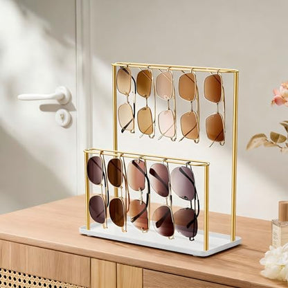 Sunglasses Organizer Glasses Holder Stand with Tray, Eye Glasses Display, 2 Tier Sunglass Storage Rack for Multiple Glasses, for Desk, Nightstand, Dresser, Vanity, Metal, Gold