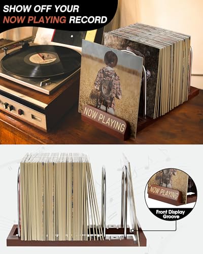Now Playing Vinyl Record Holder Storage Fits 50 LPs, Gift Package | Display Your Now Playing Record, Assembles in Seconds, Doubles as a Magazine & Book Rack, Premium Wood, Non-Slip Grooves