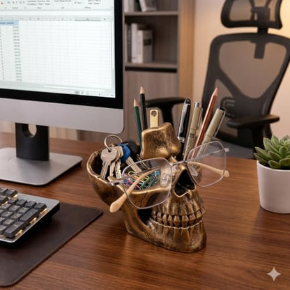 Buminee Glasses Holder for Nightstand, Creative Glasses Stand, Skull Glasses Holder, Skull Resin Sculpture for Home, Office - Bronze